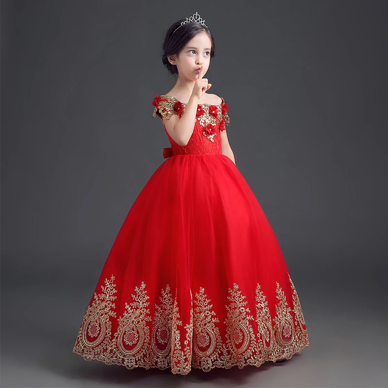 Trailing Flower Girl Dresses For Weddings Red Lace Princess Party Dress Tutu Sequined Appliqued Lace Kids First Communion Gown