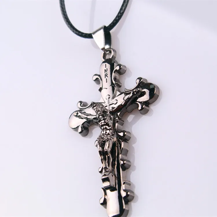 HC Hot Sale Trendy Men Jewelry Jesus Cross Pendant Men Necklace Metal Statement Silvery Brass Gun Black Necklace Dropshipping F