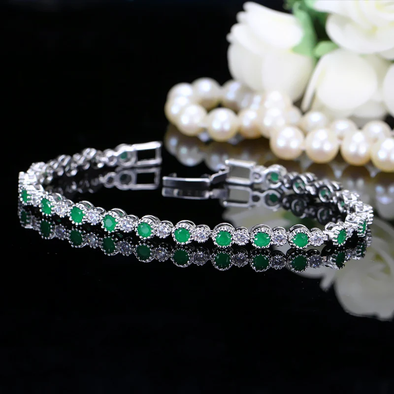 CWWZircons Elegant Women Wristband Jewelry Silver Color Natural Round Green Crystal Bracelet with Cubic Zirconia Stones  CB053