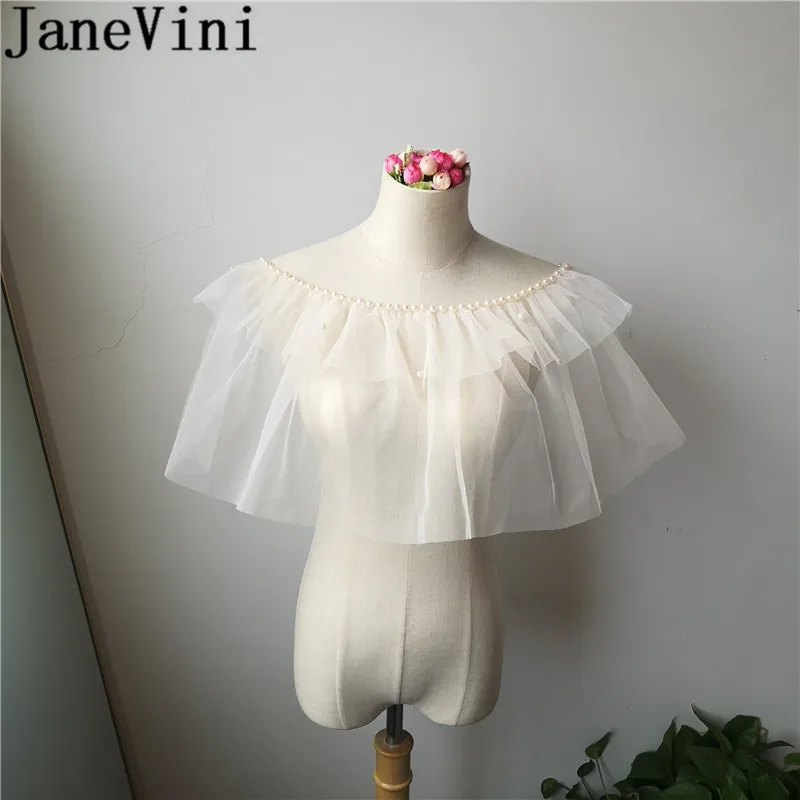 JaneVini – Capes de mariée en Tulle pur pour femmes, couleur Champagne blanc, perles, été, Boleros, fête de mariage, châle, enveloppes