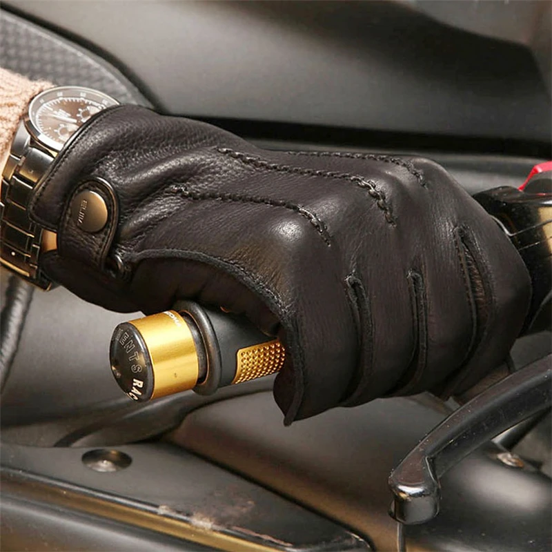 New High Quality Rushed Men Genuine Leather Gloves Luxury Deerskin Glove Wrist Driving Winter Cashmere Lining EM012WR-5