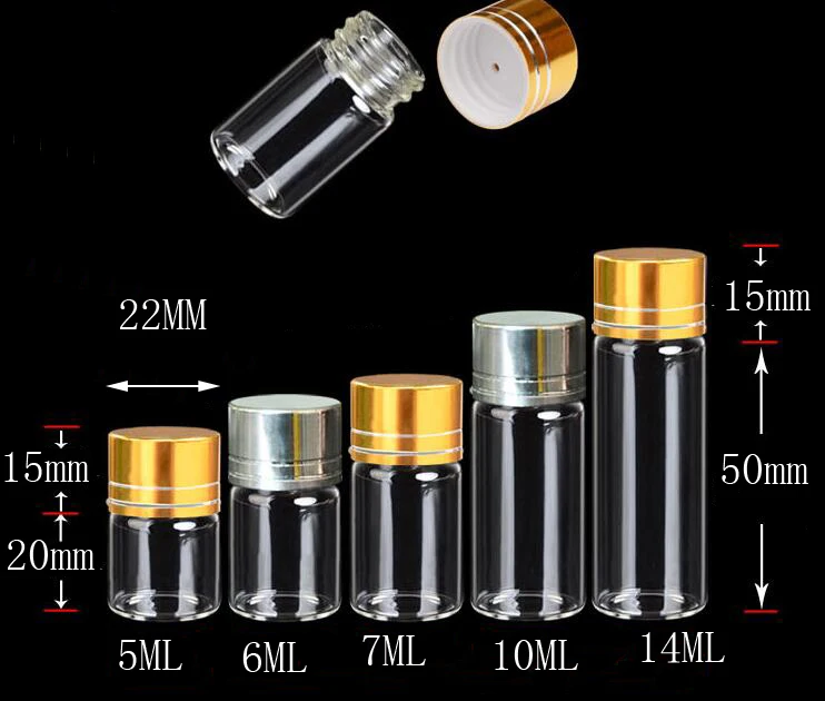 100pcs/lot Dia.22mm 5/6/7/10/14ml Transparent Glass Crafts Bottles Screw Cap Silver Aluminum Lid Empty Glass Jars Vials Bottles