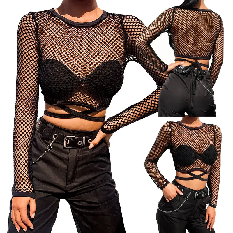 BKLD Women T-Shirt Solid Mesh Top Sexy Black Long Sleeve Top Perspective Mesh Fishnet Crop Tops T-Shirt Women Summer Streetwear