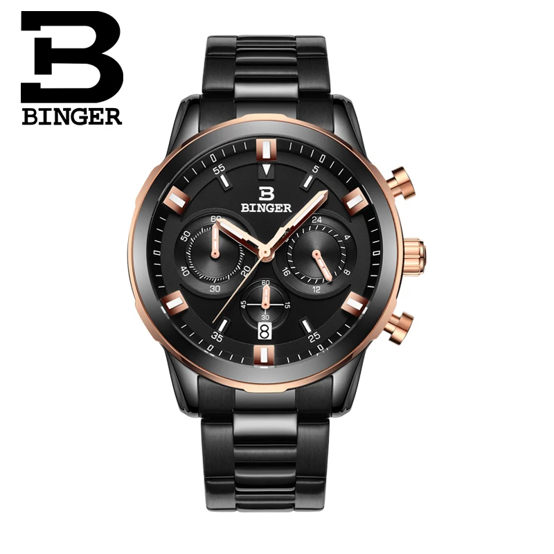 2017 New Watch Chronograph  Men\'s Sport Military Wristwatches BINGER Brand  Stainless Steel Quartz Watches Waterproof B-9011G