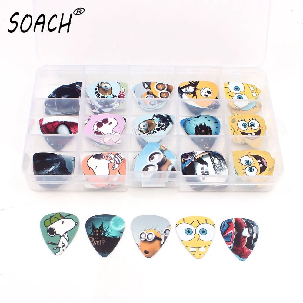 SOACH A lot of kinds 100pcs 15grids Rock Band cartoon Guitar Picks Mix Plectrums + Clear Makeup Draw Case Bead Box earrings DIY