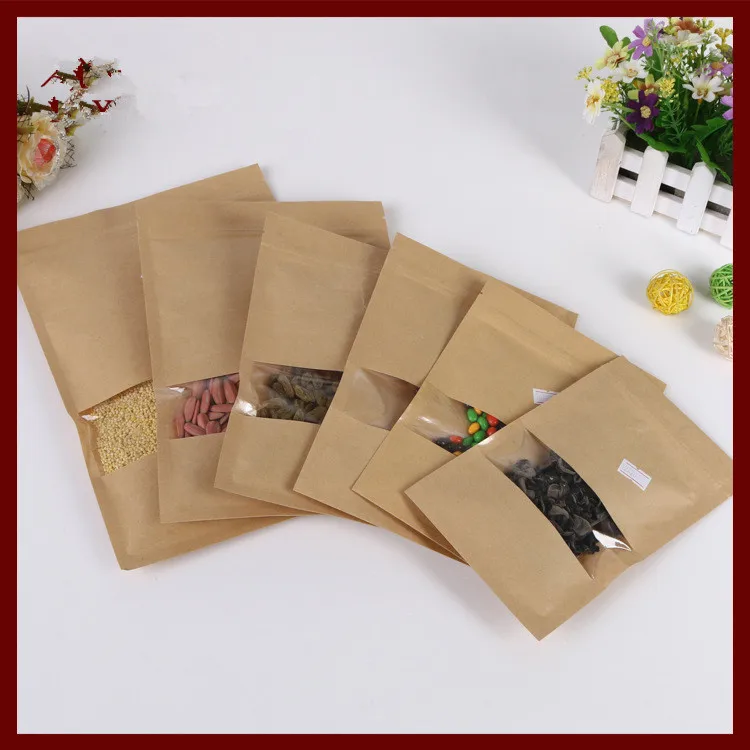 500pcs 12x20cm Flat Brown Kraft Paper Bag With Window No Stand Up Zipper/zip Lock Jewelry Packaging Bag Paper Bags For Gifts/tea