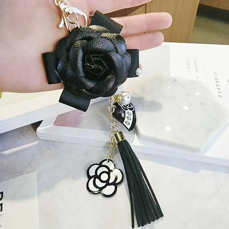 Korean Trendy Leather Bag Camellia Keychain Long Tassel Car Hanger Flower Key Chain cc Element Jewelry Hanger