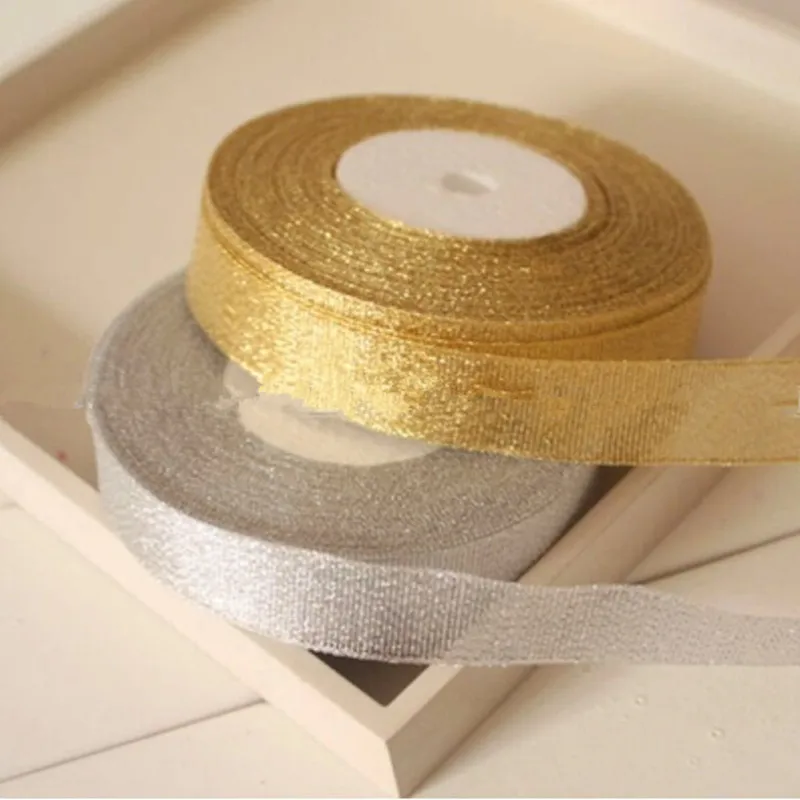 125 yards Xmas Satin Ribbon polyester gold and silver ribbon Gift Packing sewing accessories decorations kerst decoratie 2.5/4cm