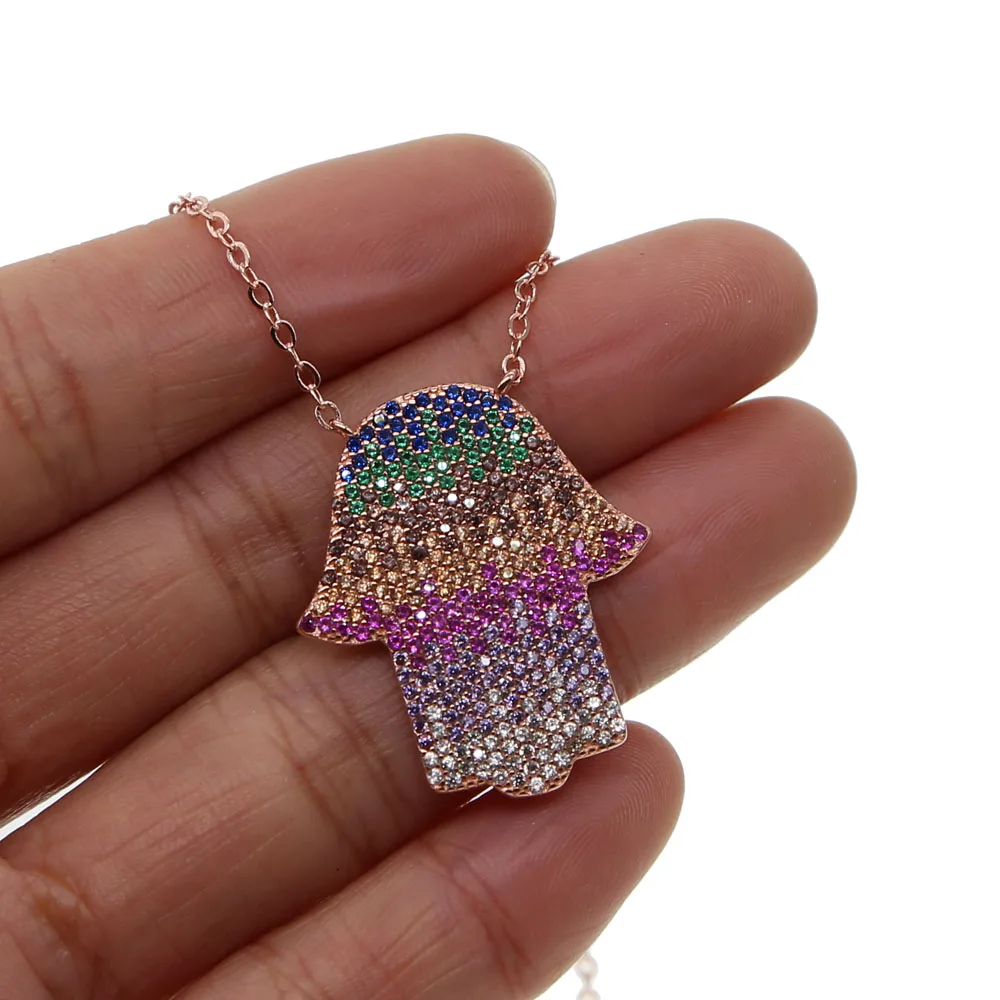 multi color cz micro pave hamsa hand turkish jewelry rose gold color fatima\'s hand pendant necklace