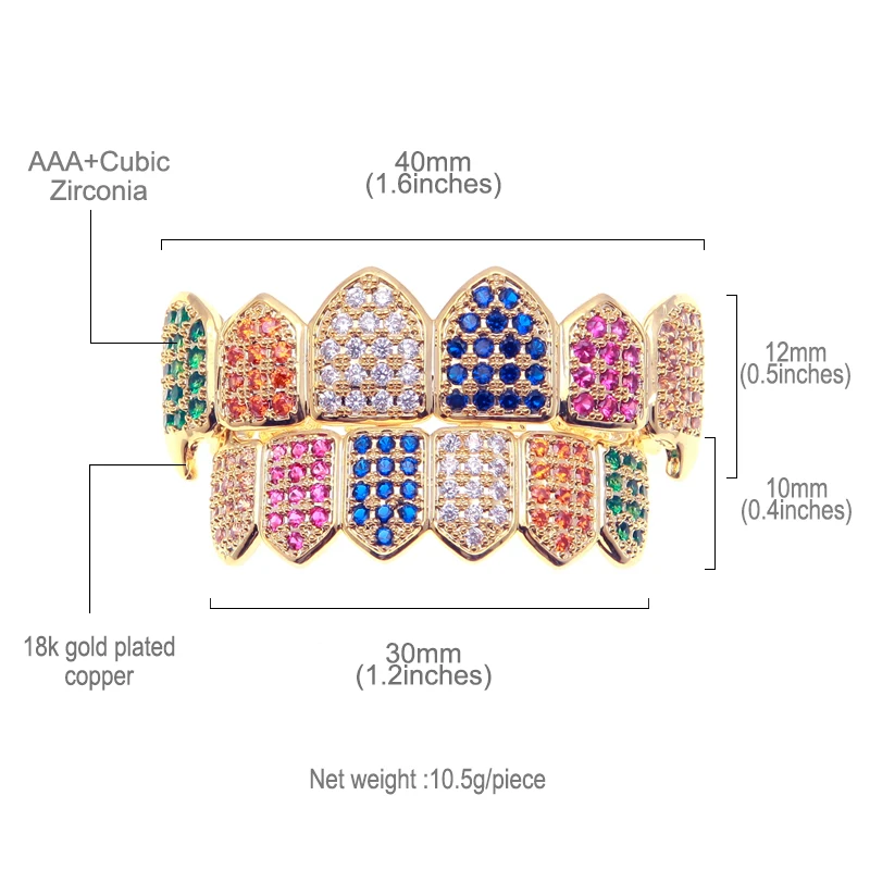 THE BLING KING Multi-Color Hip Hop Fang Teeth Cubic Zirconia Top & Bottom Clown Grills Set