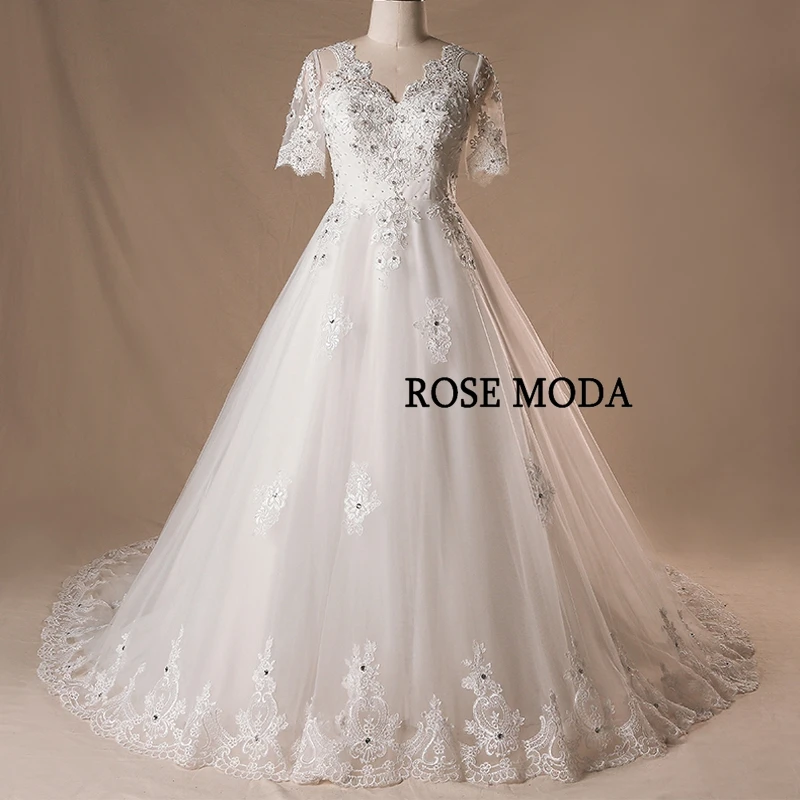 Rosa moda vintage v neck vestido de casamento tamanhos grandes com mangas trem longo personalizado fazer