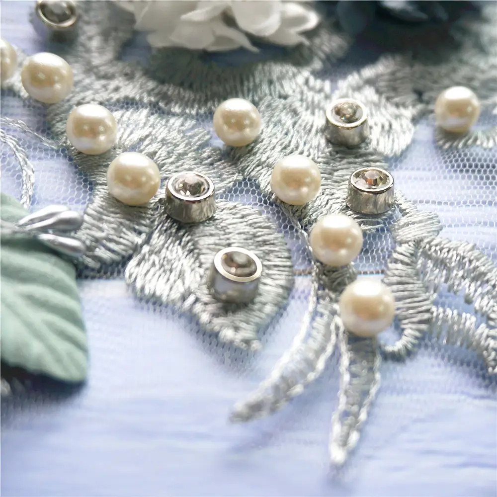 33CM Grey Fabric 3D Flowers Beads Rhinestone Sequins Appliques Lace Trims Embroidery Mesh Sew On Patches For Wedding Decoration