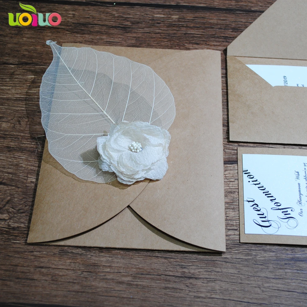 fast shipping 10set wedding card kraft rsvp card with free printing paper band kraft envelope,fake leave flower and tied rope