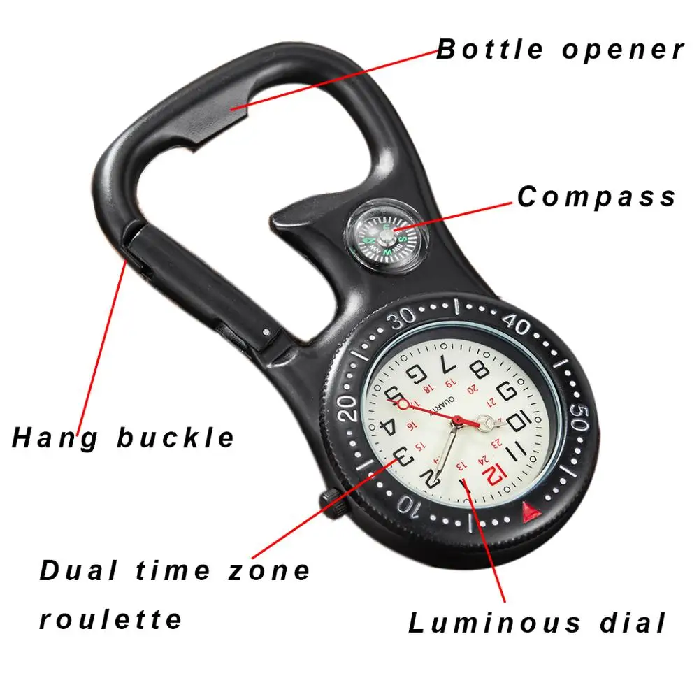 Jam tangan saku Carabiner Clip-On multifungsi jam tangan Suster pembuka botol kompas untuk dokter koki jam olahraga luar ruangan bercahaya