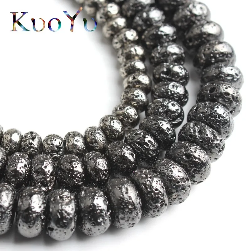 Natural Lava Volcanic Stone Rose Gold Black Silver Plated Flat Shape Loose Beads For Jewelry Making DIY Bracelets 15\'\' 6/8/10mm