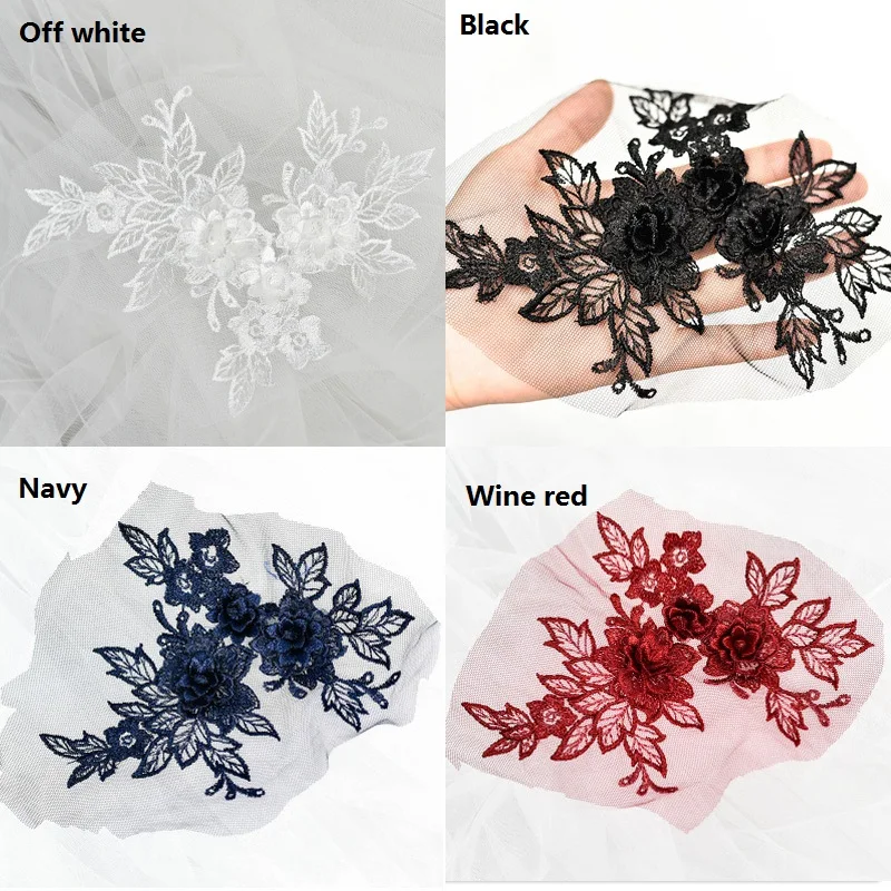 Embroidered Lace Applique with 3D Flower, DIY Fabric Trim, Colorful Mesh, 1 Pc Size, 19*15cm