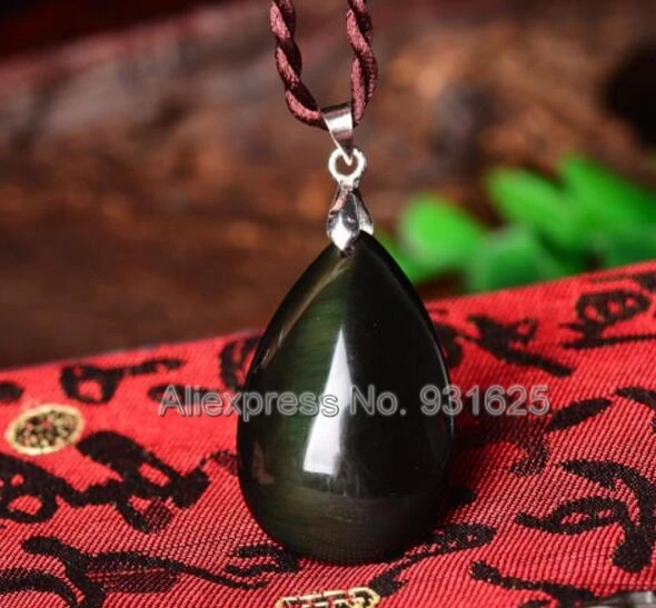Beautiful Natural Rainbow Eye Obsidian Carved Water Dropping Design Lucky Amulet Pendant + Rope Necklace fashion Jewelry