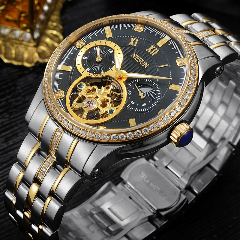 Luxury Brand Switzerland NESUN Skeleton Diamond Watch Men Automatic Self-Wind Men\'s Watches 100M Waterproof clock N9093-1