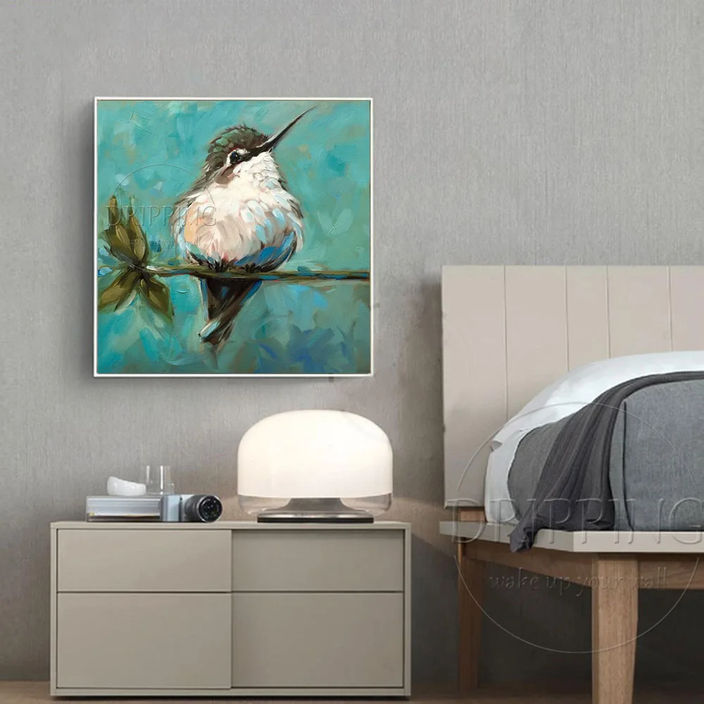 Skilled Artist Hand-painted High Quality Mini Animal Hummingbird Oil Painting on Canvas Cute Bird Hummingbird Oil Painting