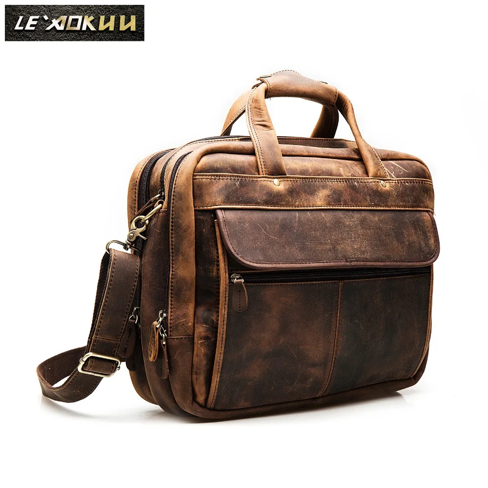 Men Crazy Horse Leather Antique Vintage Design Business Briefcase Laptop Bag Fashion Attache Messenger Bag Tote Portfolio 7146-d