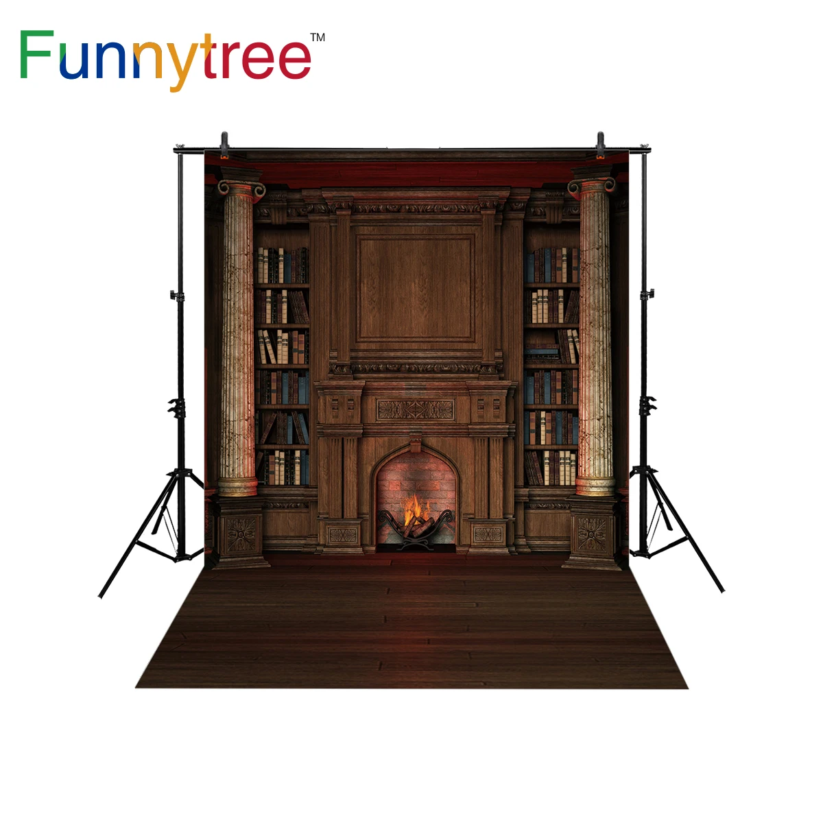 Funnytree photo background studio fireplace bookshelf library vintage wood vinyl floor photography backdrop photophone photozone