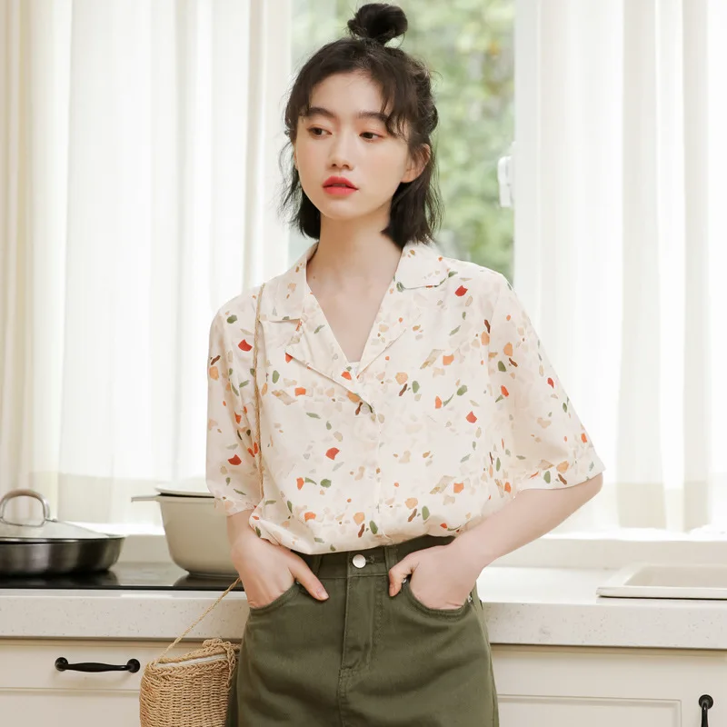 Chiffon Druck Hemd frauen Sommer Lose Dünne Kurzarm Shirts Bluse Mädchen Neue Koreanische Französisch Retro Freizeit Tops Tragen h9157