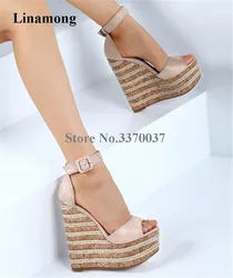 2018 Summer New Style Suede Leather Ankle Strap High Platform Wedge Sandals Fashion Super High Straw stripe Heel Wedge Sandals