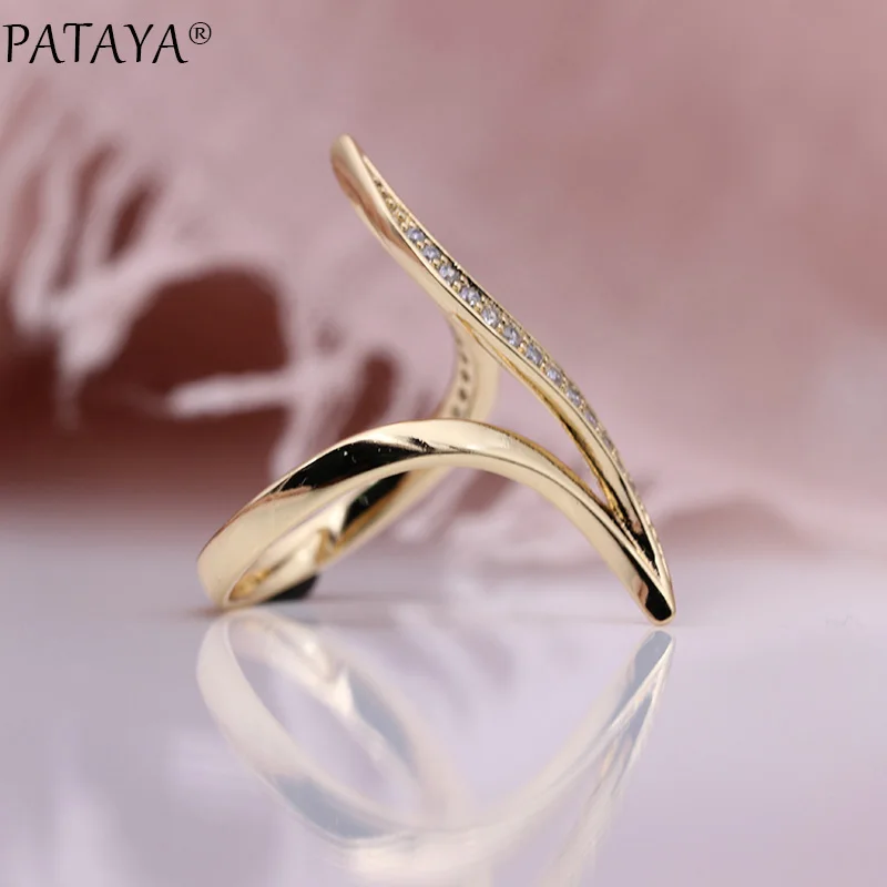 PATAYA New Fine Hyperbole Curve Women Rings Round Micro Wax Inlay Natural Zircon 585 Rose Gold Color Fashion Jewelry Unique Ring