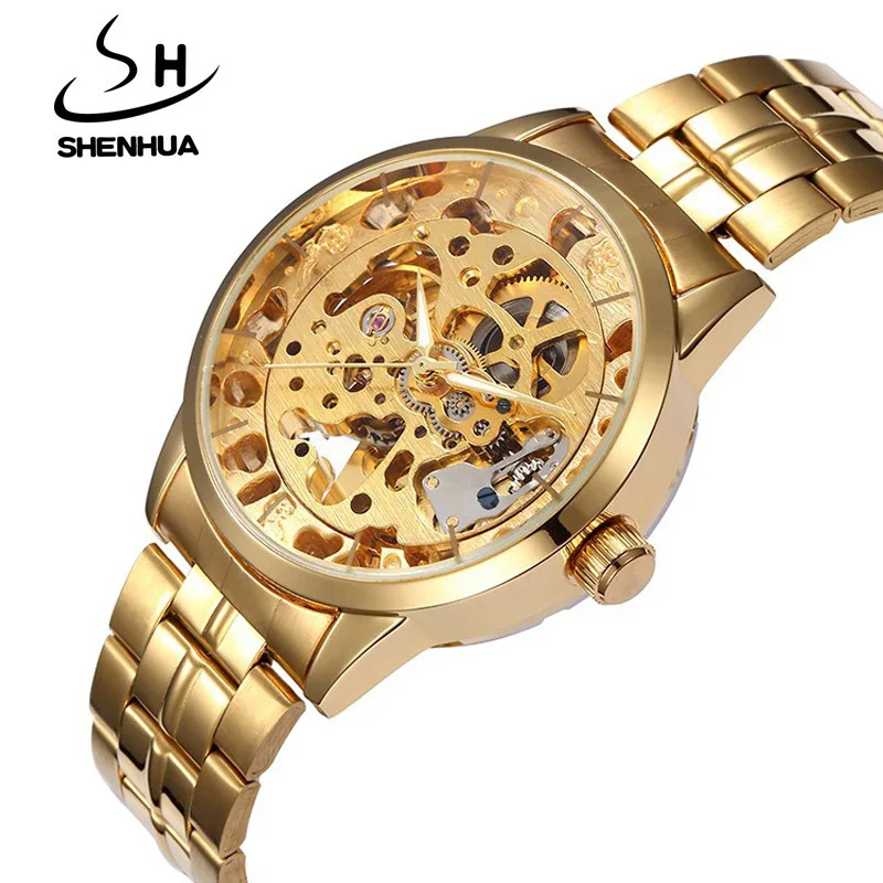 Relogio Masculino SHENHUA Skeleton Watch Men Luxury Gold Automatic Self-Wind Mechanical Wrist Watches For Men Men Wristwatch