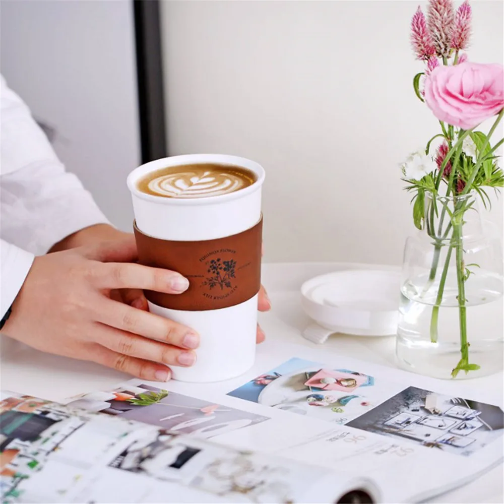 Ceramic Mug With Leather Cup Cover Letter Flower Pattern Milk Coffee Portable Cups Household Office Drinkware Creative  450ML