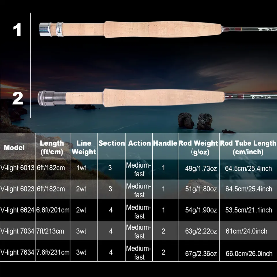 Maximumcatch V-Light 6ft/6.6ft/7ft/7.5ft 1/2/3wt Fly Rod Graphite IM10 Carbon Fiber So Light Weight Fly Fishing Rod