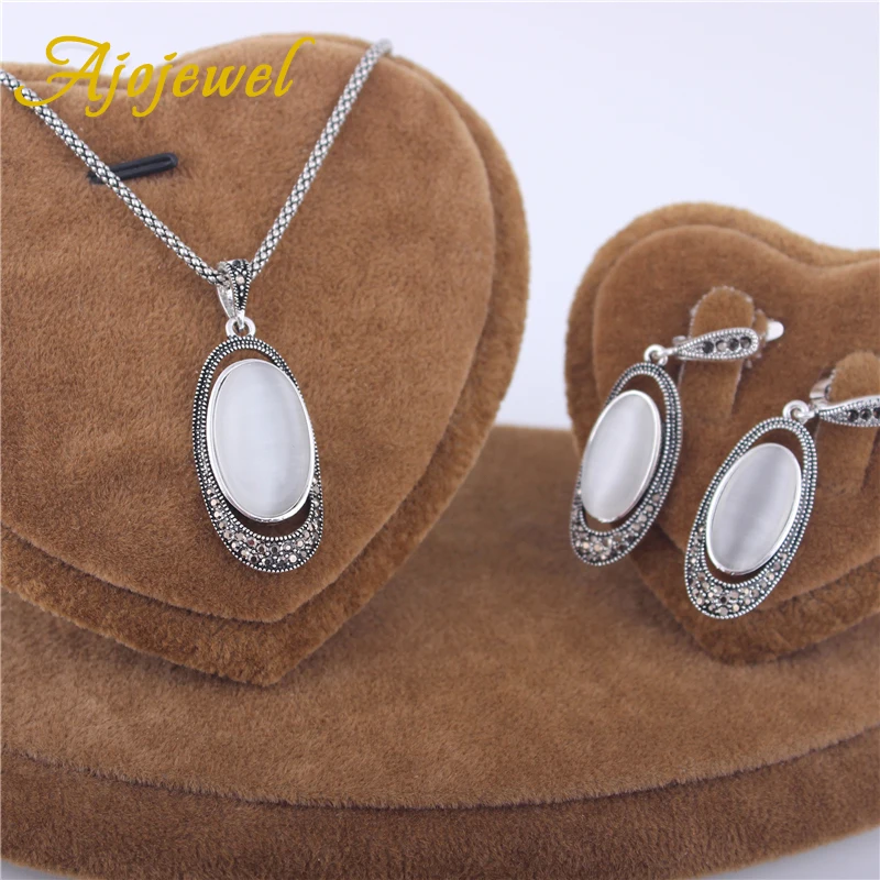 Ajojewel New Arrival White Opal Jewelry Sets Vintage Jewelry Set Stone Earrings Necklace & Pendant