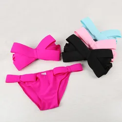 Mujeres Negro Sexy Traje de Baño Sólido Arco Grande Bandeau Beach Wear Halter del traje de Baño Bikini Brasileño traje de Baño Empuja Hacia Arriba El Traje de Baño