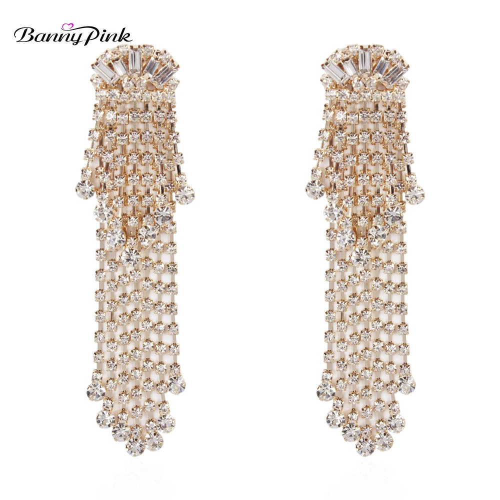 Banny Pink Sexy Layer Rhinestone Chain Tassel Earrings For Women Wedding Crystal Dress Stud Earring Luxury Party Pendant Earring