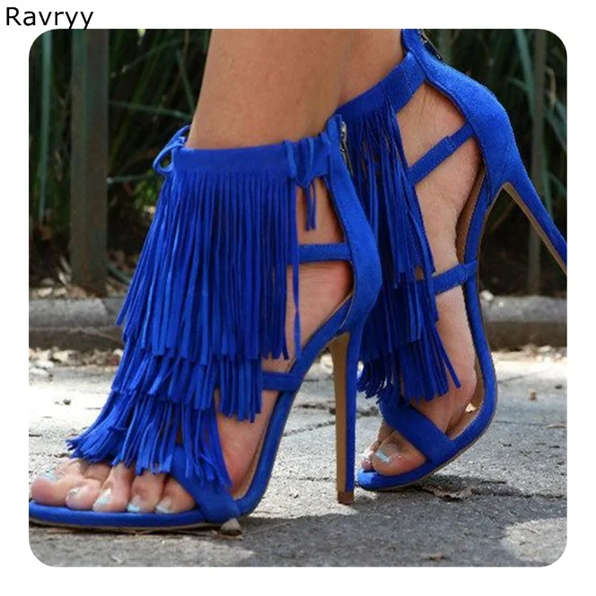 Ankle strap fringe Woman sandals blue suede Summer fashion open toe high heels tassel Sexy Pumps cover heel female dress shoe