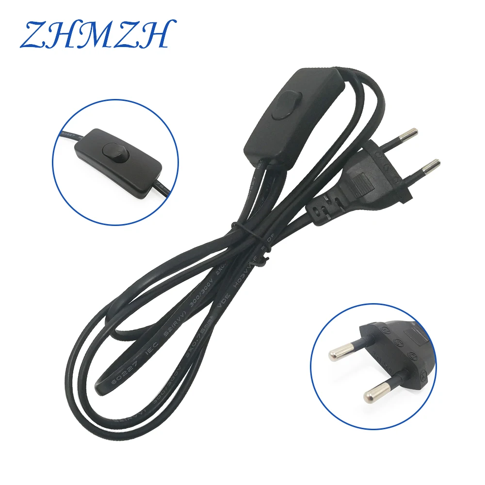 AC Power Cord 1.8m on-off Switch Plug Wire Two-pin EU Plug Cable Extension Cords US Type Adapter Black White Line For LED lamp