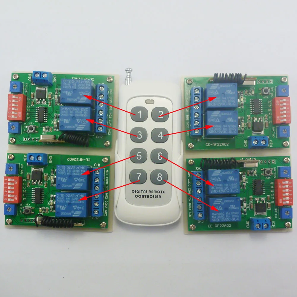 1TX+4RX DC 12V 433Hz RF Adjustable Delay timer Wireless Remote Control Relay Switch diy