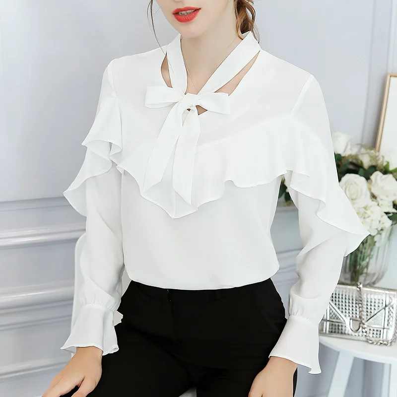 Camisa feminina chiffon de manga comprida, blusa com laço de cor pura elegante feminina para primavera e verão h9080