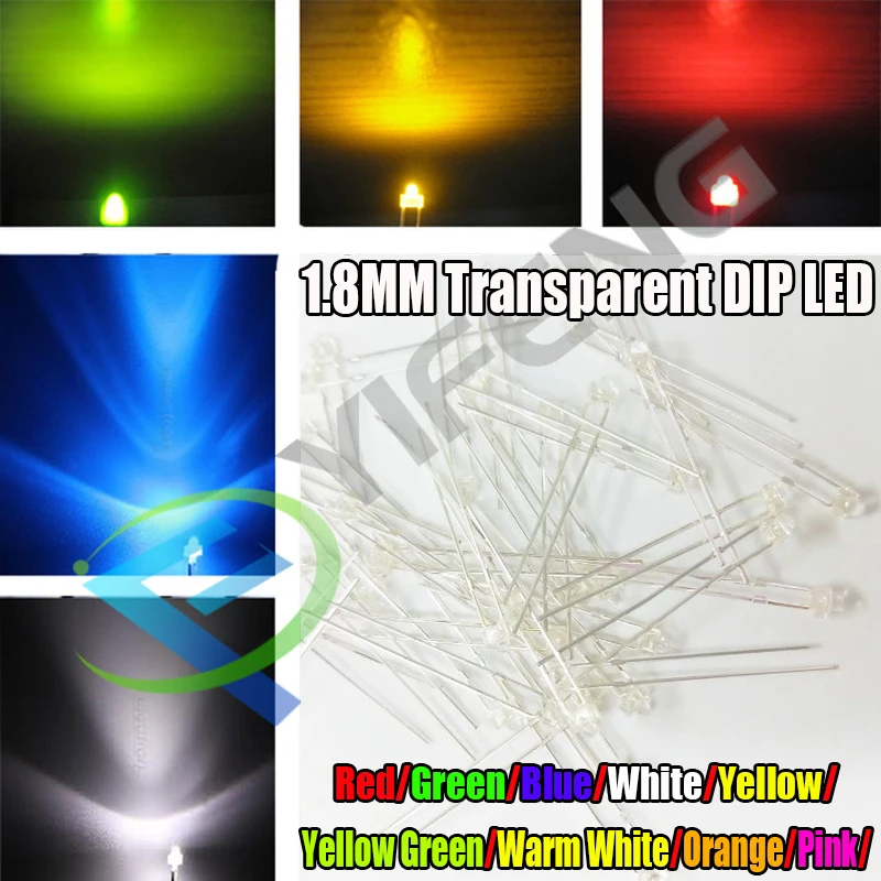 30pcs 1.8mm red yellow blue green white yellow green orange warm white pink Ultra Bright water clear Transparent DIP LED