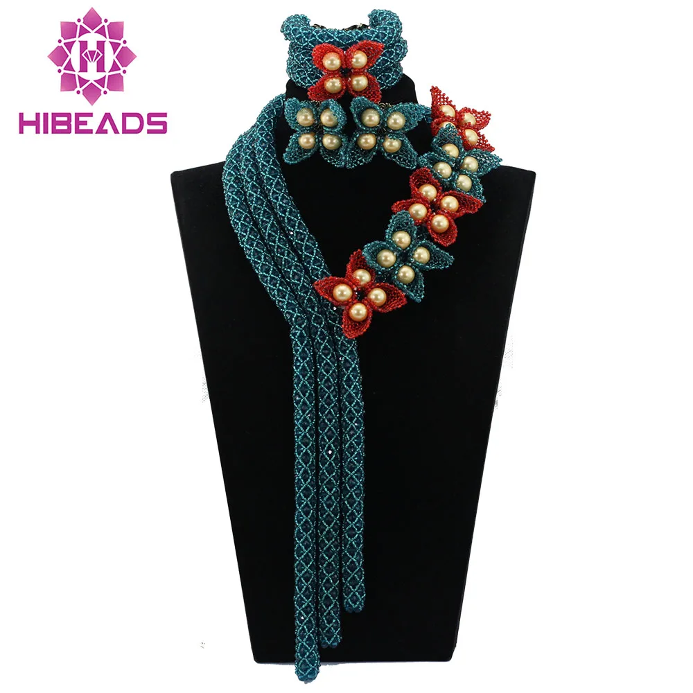 

Teal Blue Seed Bead Flower Handmade Crystal Necklace Teal Floral Nigerian Wedding African Beads Jewelry Set Free Shipping ABL665