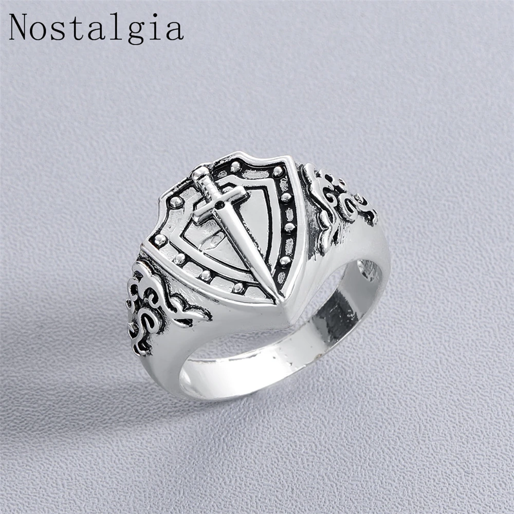 Nostalgia Punk Amulet Armor Shield Ring Knight Templar Crusade Cross Sword Ring Christian Jewelry Medieval Signet Mens Rings