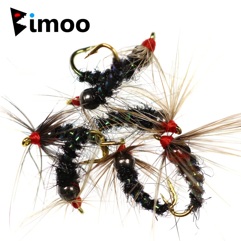 Bimoo-Cabeza de cuentas de latón metálico, trucha marrón arcoíris, Greyling Char Caddis, ninfa Premium, moscas de pesca negras, 6 piezas, #8 #10 #12