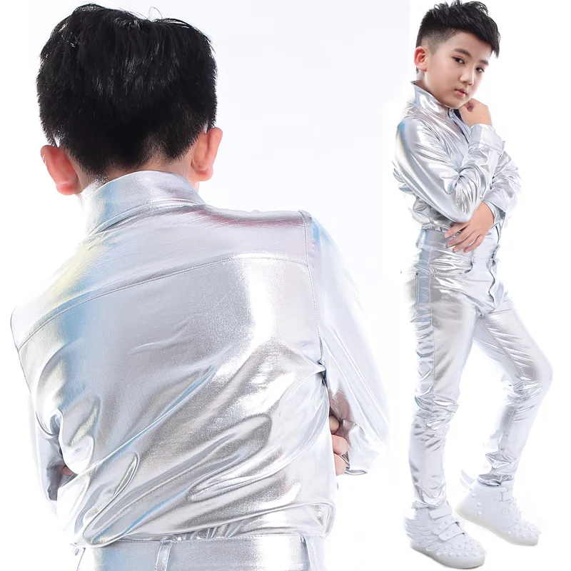 2019 Jazz Dance Costumes Boys Silver Lacquered Leather Shirt Pants Set Children Street Clothes Hip Hop Stage Outfits DNV11071