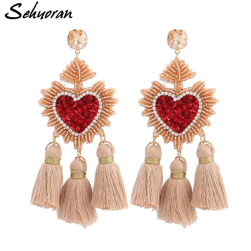 Sehuoran Bohemian Drop Earrings For Women Wedding Tassel Earrings Jewelry Heart Pendant Fringed BeadsHandmade Brand Design