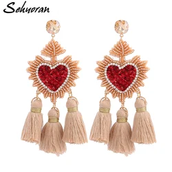 Sehuoran Bohemian Drop Earrings For Women Wedding Tassel Earrings Jewelry Heart Pendant Fringed BeadsHandmade Brand Design