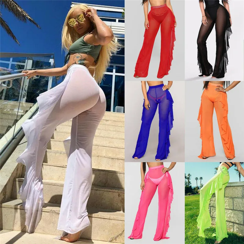 

Women Lace See Through High Waist Flared Trouser Beach Summer Holiday Mesh Pants