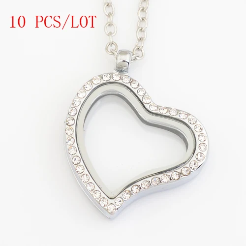 

10 PCS/LOT 30mm heart magnetic floating lockets with rhinestone, with free 50-55cm chain FN0006