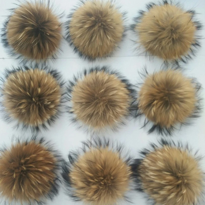 Bola de Pelo de mapache de Animal realmente Natural, pompón grande con hebilla, broche, Pin, gorros de punto, accesorios para gorras, 12-15cm