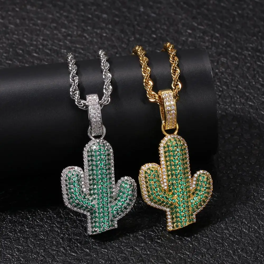 

Hip Hop Micro Pave Green AAA Cubic Zirconia Bling Ice Out Plant Cactus Pendants Necklaces for Men Rapper Jewelry