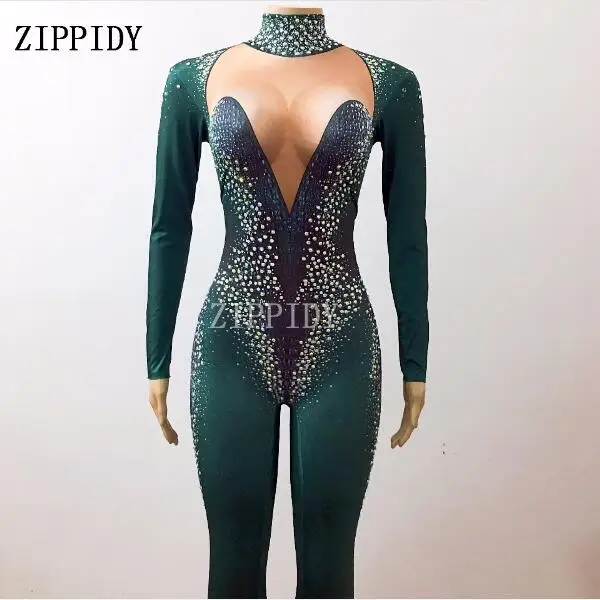 Glisten AB Rhinestones Sexy Women Green Jumpsuit Costume Big Stretch Female Singe Nightclub Performance Stage Wear Dance Rompers